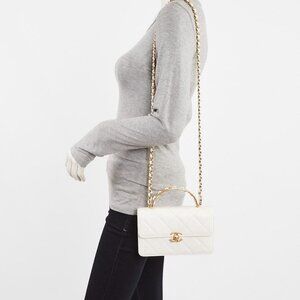 Chanel White Quilted Lambskin Leather CC Chain Top Handle Mini Flap Bag